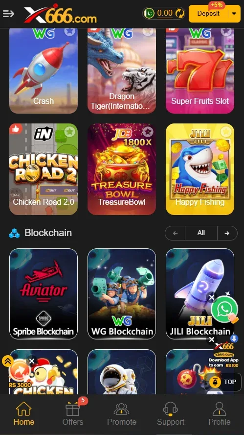 X666 Game games library screenshot showing Crash, Slots and Blockchain tabs