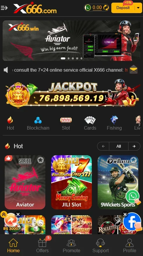 X666 Game home screen showing the games library and jackpot banner