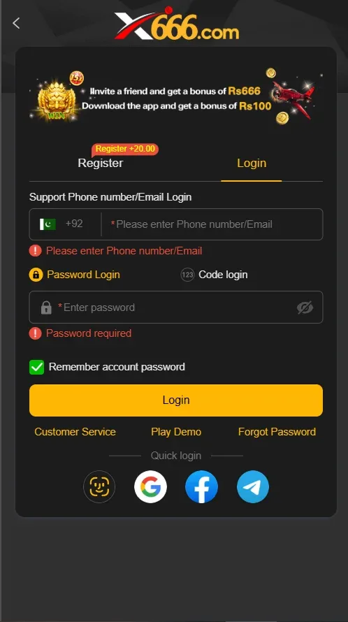 X666 Game app login screen showing phone number and password login