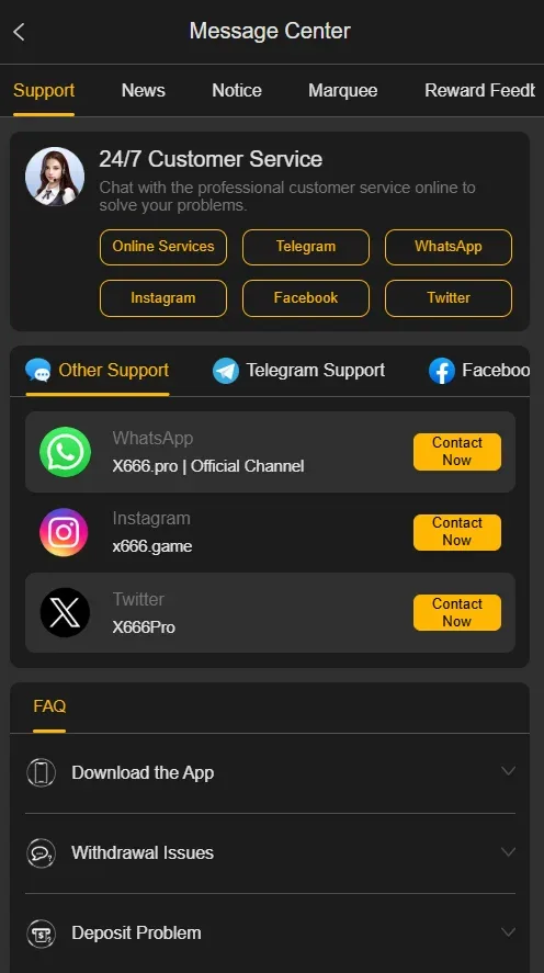 X666 Game in-app support screen showing live chat, WhatsApp, Telegram and FAQ options