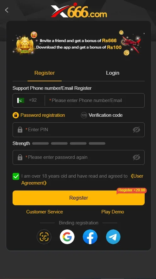 X666 Game app register screen showing the phone number and password fields
