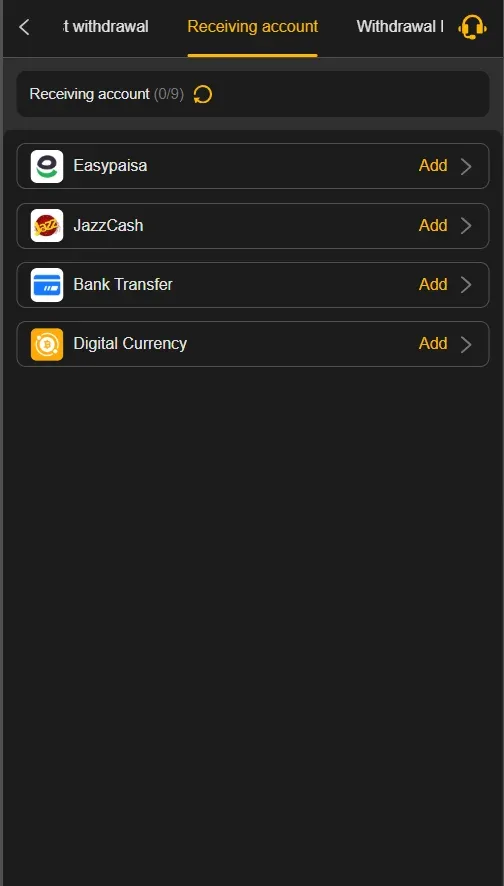 X666 Game withdrawal screen showing Easypaisa, JazzCash, Bank Transfer and Digital Currency receiving accounts